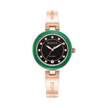 Bonia Elegance 3 Top Rings Set BNB10864-2537S Black Ceramic Dial Color Women Watch